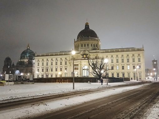 Humboldt Forum in Berlin on a snowy evening in January